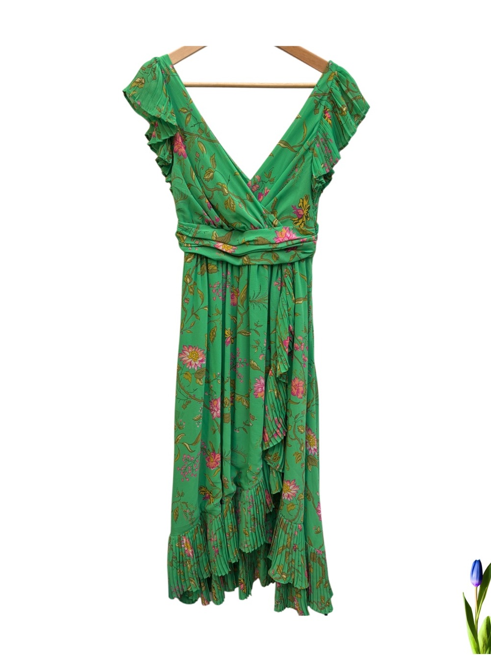Anthropologie Green Floral Midi Dress with Pink Accents Size 0